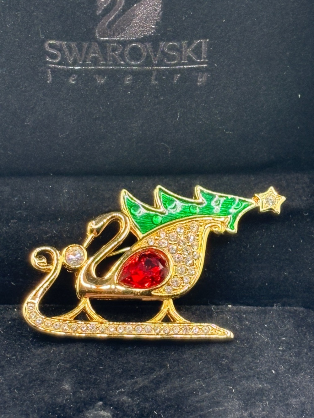 Swarovski Christmas Sleigh Brooch – Red Crystal & Tree Design – Signed